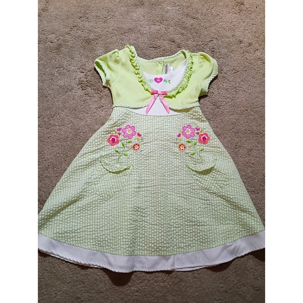 Vintage Youngland Green White Plaid Seersucker Dress Embroidered Easter Size 6X